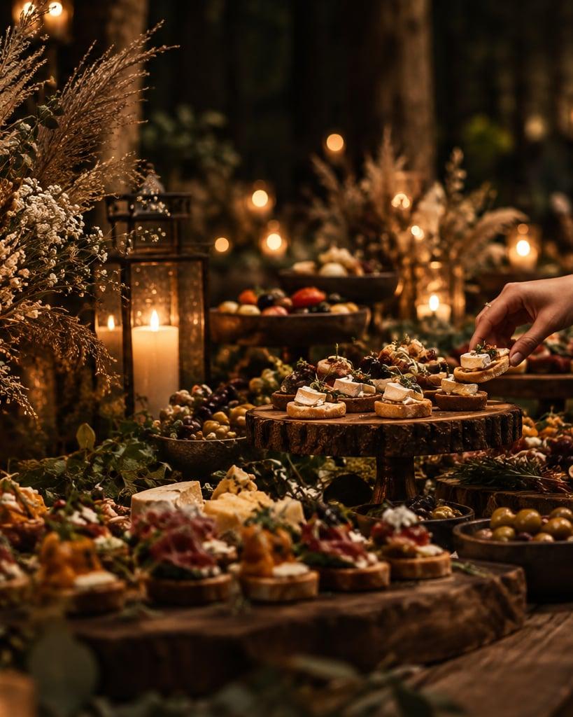 Wedding food on wooden boards among candles and dried grasses