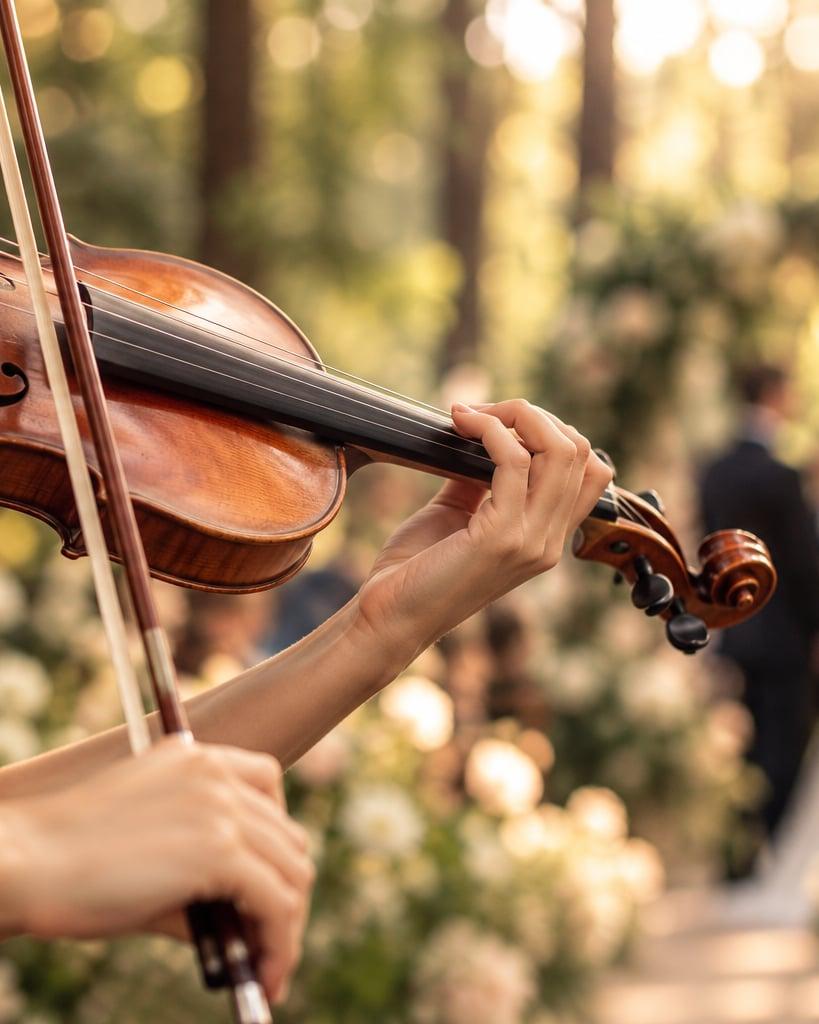 A close-up of a violinist playing outdoors among flowering shrubs