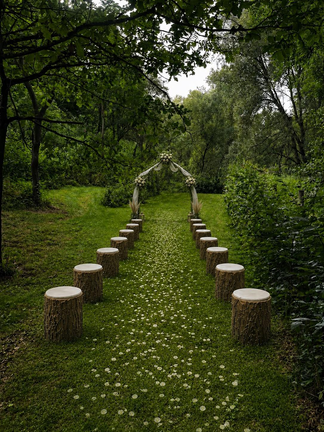 An aisle of tree-stump seats leading to a willow arch in the forest