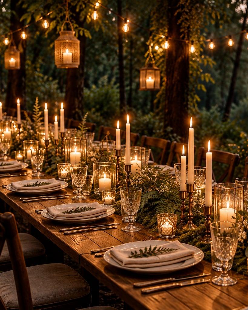 A long wedding table in the forest with candles, ferns and string lights