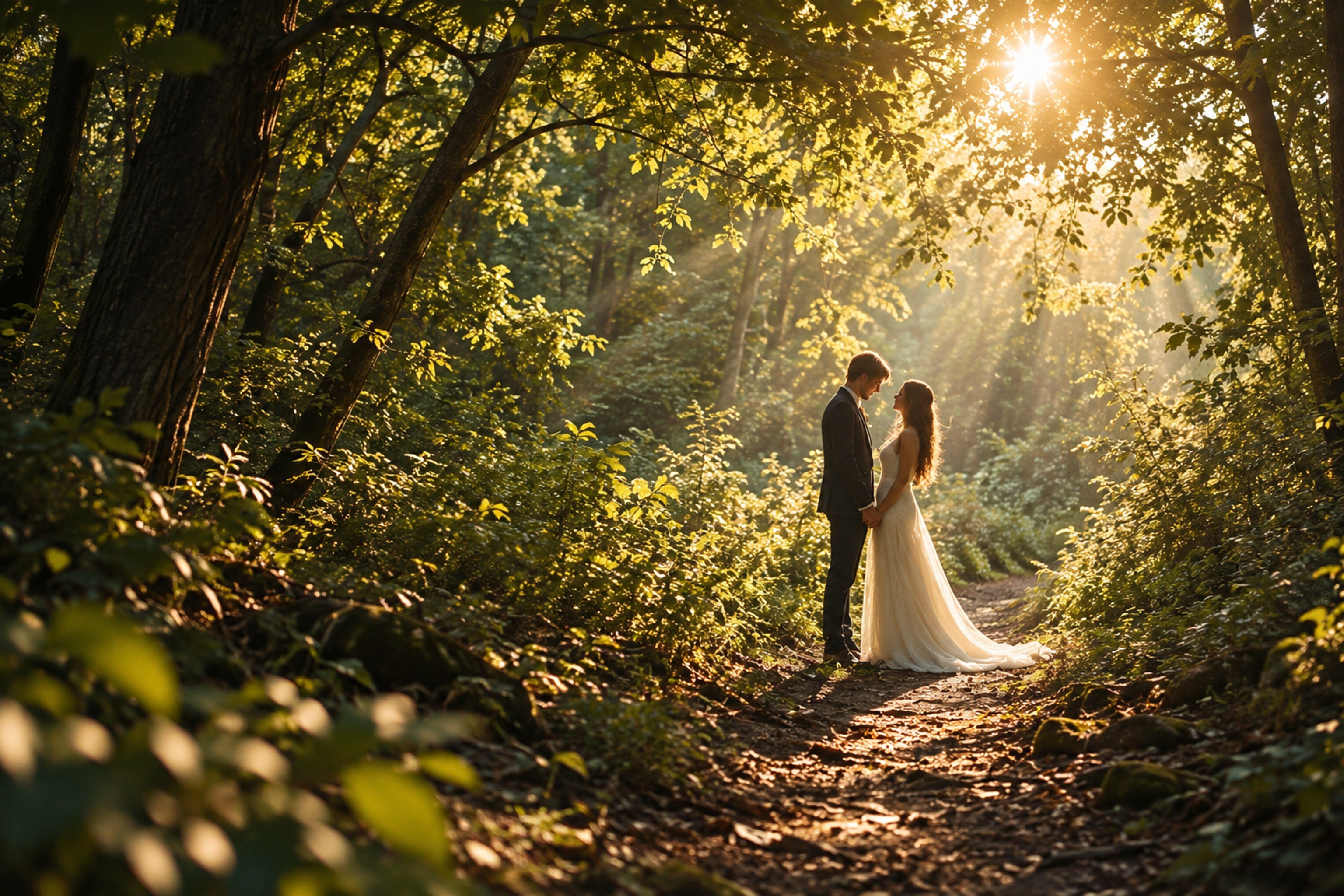 A newly married couple on a forest path, backlit by the setting sun