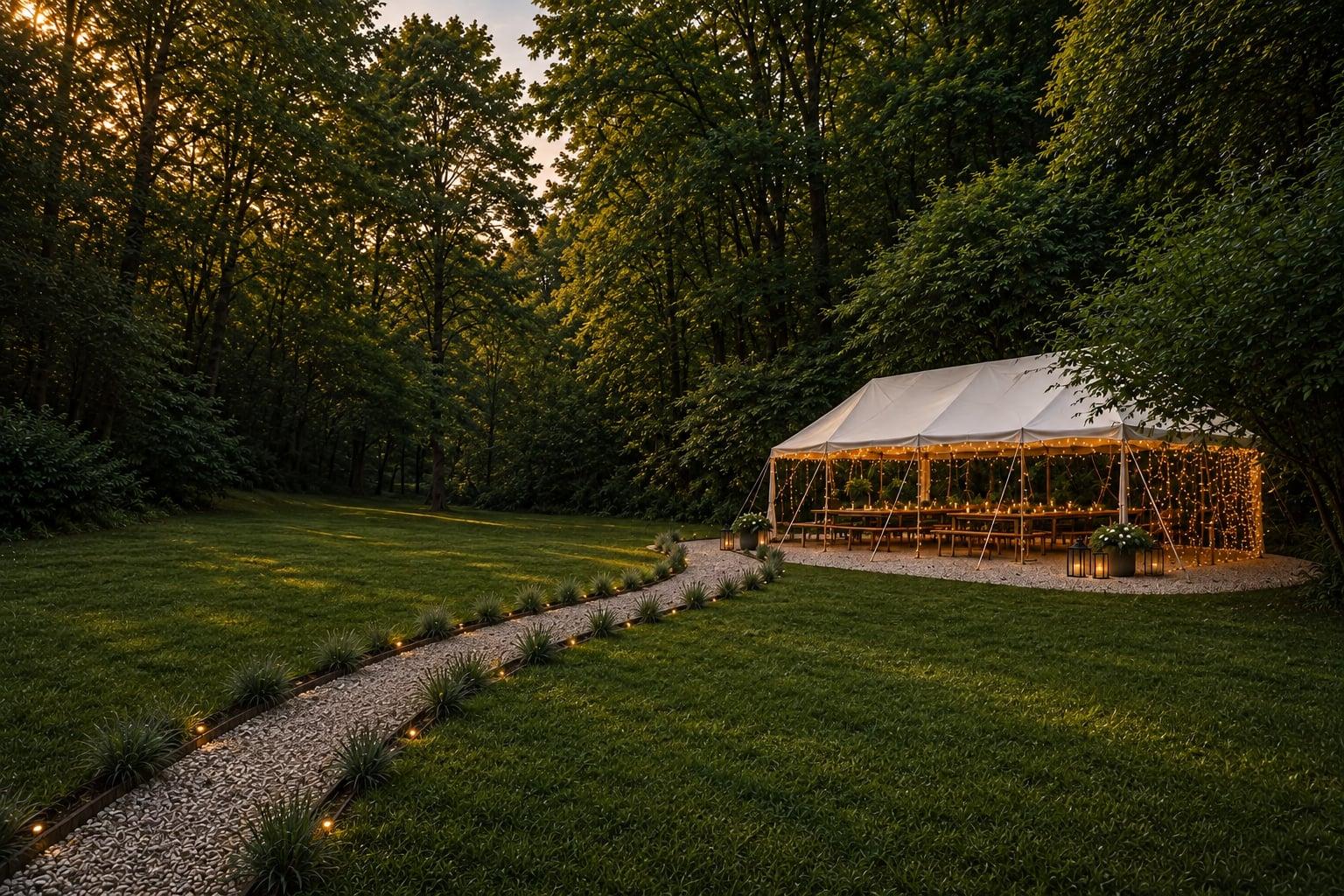 The lit marquee with long tables at the forest edge, an illuminated path leading to it